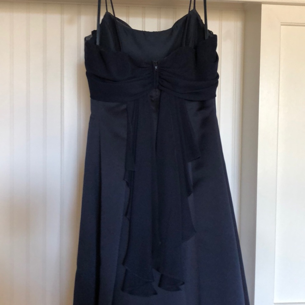 Formal navy blue dress with rear waist train